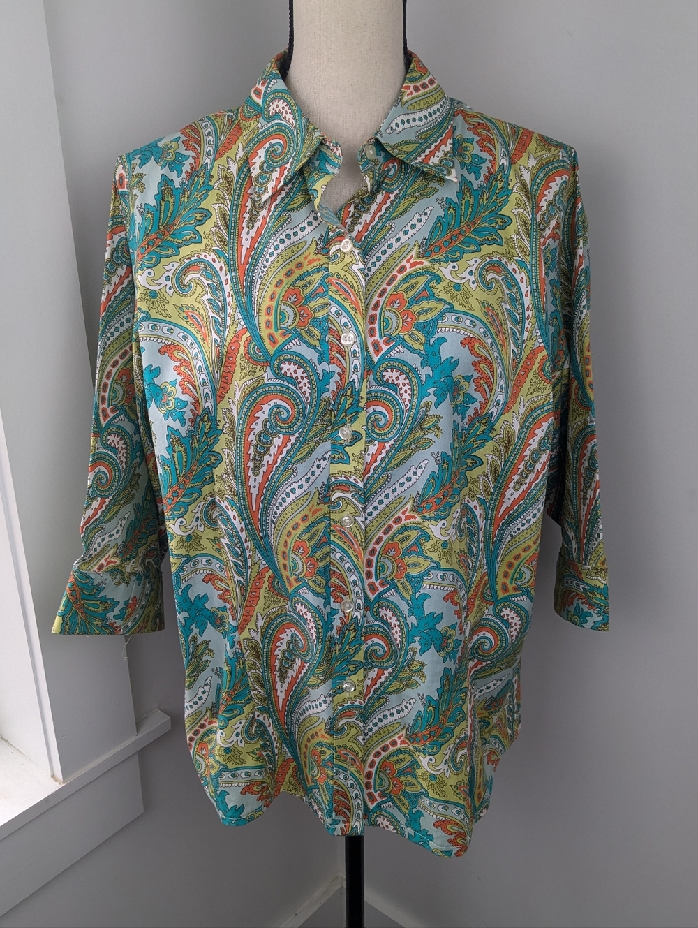 Lands' End No Iron Pinpoint Oxford Paisley Print Button-Up, 3/4 Sleeves, Sz 16W